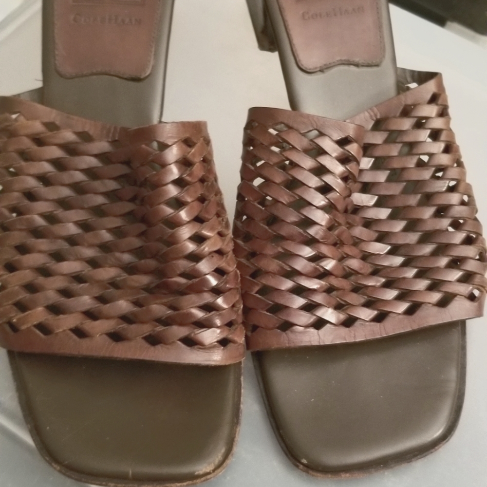 Cole Haan, brown, leather, basket stitch, open toe, mule sandal, size 7.5B